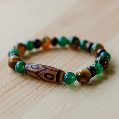 Multi-gemstone and wood beaded stretch pendant bracelet, 'Green Dzi' - Green Dzi Multi-Gemstone Wood Bead Stretch Pendant Bracelet