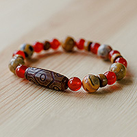 Multi-gemstone and wood beaded stretch pendant bracelet, 'Orange Dzi' - Multi-Gemstone Wood Beaded Dzi Stretch Pendant Bracelet