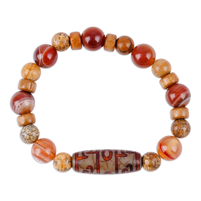 Multi-gemstone and wood beaded stretch pendant bracelet, 'Bright Dzi' - Dzi-Themed Multi-Gemstone and Wood Beaded Stretch Bracelet