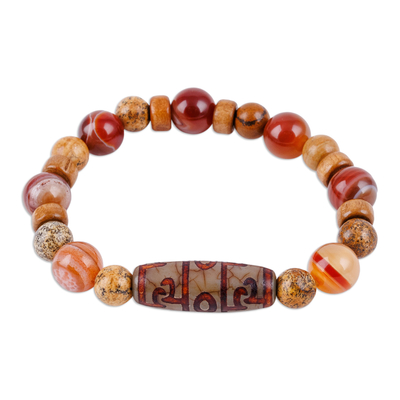 Multi-gemstone and wood beaded stretch pendant bracelet, 'Bright Dzi' - Dzi-Themed Multi-Gemstone and Wood Beaded Stretch Bracelet