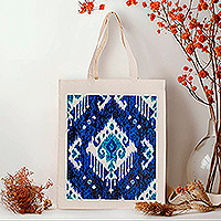 Bolsa de algodón, 'Ikat's Blue Spell' - Bolsa de algodón azul con estampado de Ikat hecha a mano en Uzbekistán