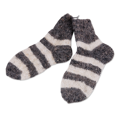Cashmere socks, 'Sublime Stripes' - Ivory and Grey Unisex Striped Hand-Knit Cashmere Wool Socks