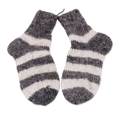 Cashmere socks, 'Sublime Stripes' - Ivory and Grey Unisex Striped Hand-Knit Cashmere Wool Socks
