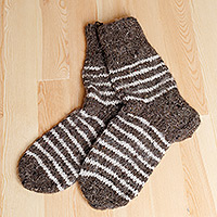Cashmere socks, 'Splendid Stripes' - Grey and White Unisex Striped Hand-Knit Cashmere Wool Socks