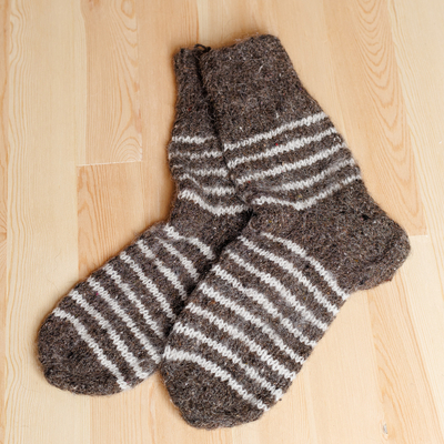 Cashmere socks, 'Splendid Stripes' - Grey and White Unisex Striped Hand-Knit Cashmere Wool Socks
