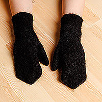 Cashmere wool mittens, 'Shadow Cuddle' - Handcrafted Knit Cashmere Wool and Wool Mittens in Black