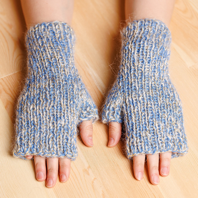 Manoplas sin dedos de lana de cachemira - Manoplas sin dedos de lana de cachemira azul y gris tejidas a mano