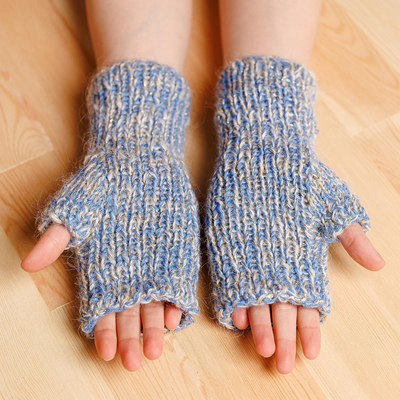 Manoplas sin dedos de lana de cachemira - Manoplas sin dedos de lana de cachemira azul y gris tejidas a mano