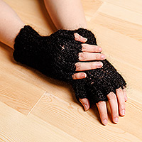 Manoplas sin dedos de lana de cachemira - Manoplas sin dedos de lana de cachemira 100% negra tejida a mano