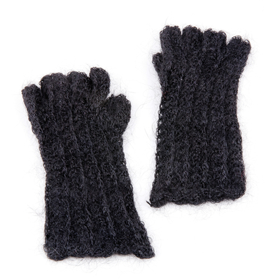 Cashmere wool fingerless mittens, 'Night's Caress' - Handwoven 100% Black Cashmere Wool Fingerless Mittens
