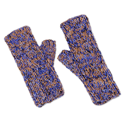 Manoplas sin dedos de algodón - Manoplas sin dedos de algodón azul y marrón hechas a mano