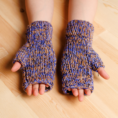 Manoplas sin dedos de algodón - Manoplas sin dedos de algodón azul y marrón hechas a mano