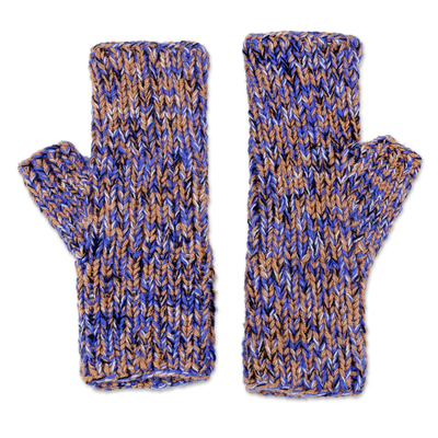 Cotton fingerless mittens, 'Wintry Blue' - Handcrafted Blue and Brown Cotton Fingerless Mittens