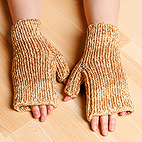 Cotton fingerless mittens, 'Prosperous Winter' - Handcrafted Brown and Beige Cotton Fingerless Mittens
