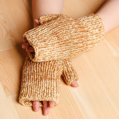 Cotton fingerless mittens, 'Prosperous Winter' - Handcrafted Brown and Beige Cotton Fingerless Mittens