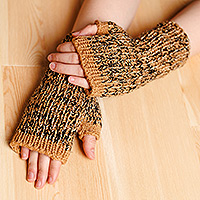 Wool fingerless mittens, 'Wintry Brown' - Handcrafted Brown and Black Wool Fingerless Mittens
