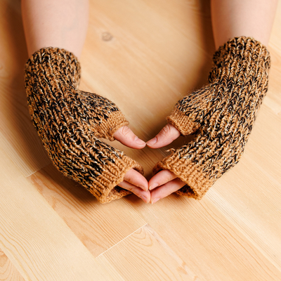 Manoplas sin dedos de lana - Manoplas sin dedos de lana marrón y negra hechas a mano