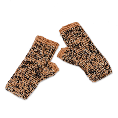 Manoplas sin dedos de lana - Manoplas sin dedos de lana marrón y negra hechas a mano
