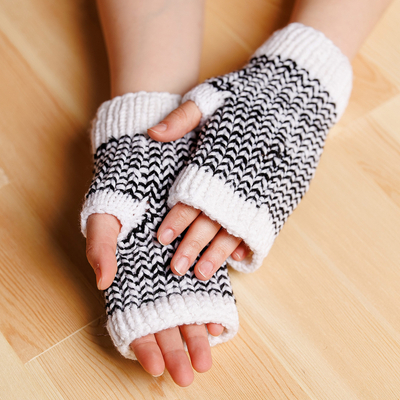 Cotton fingerless mittens, 'Balanced Winter' - Handmade Striped Black and White Cotton Fingerless Mittens