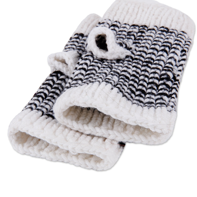 Cotton fingerless mittens, 'Balanced Winter' - Handmade Striped Black and White Cotton Fingerless Mittens
