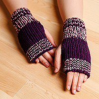 Cotton fingerless mittens, 'Magical Adventurer' - Handcrafted Purple and White Cotton Fingerless Mittens