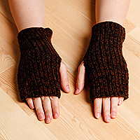 Cotton fingerless mittens, 'Earth Adventurer' - Handcrafted Brown and Black Cotton Fingerless Mittens