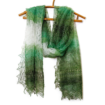 Cashmere wool scarf, 'Sylvan Act' - Handwoven Soft 100% Cashmere Wool Scarf in Green and White