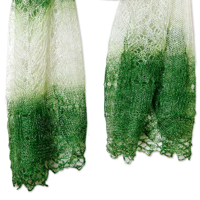 Cashmere wool scarf, 'Forest's Act' - Handwoven Soft Cashmere Wool Scarf in Dark Green and White