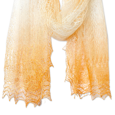 Cashmere wool scarf, 'Sunrise's Act' - Handwoven Soft 100% Cashmere Wool Scarf in Orange and White