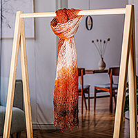 Bufanda de lana de cachemira, 'Sunset's Act' - Bufanda tejida de lana de cachemira suave en naranja, marrón y blanco