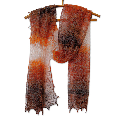 Cashmere wool scarf, 'Sunset's Act' - Woven Soft Cashmere Wool Scarf in Orange, Brown and White