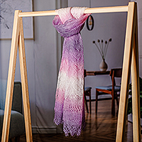 Bufanda de lana de cachemira, 'Sweetness Act' - Bufanda de lana de cachemira suave tejida a mano en rosa, morado y blanco