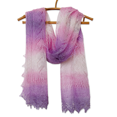 Cashmere wool scarf, 'Sweetness Act' - Handwoven Soft Cashmere Wool Scarf in Pink, Purple and White
