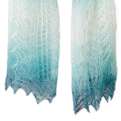 Cashmere wool scarf, 'Lake's Act' - Handwoven Soft Cashmere Wool Scarf in Turquoise and White