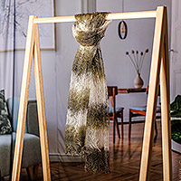 Bufanda de lana de cachemira, 'Forest Whispers' - Bufanda de lana de cachemira a rayas tejida a mano en verde y marfil