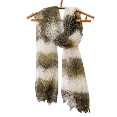 Cashmere wool scarf, 'Forest Whispers' - Handwoven Striped Cashmere Wool Scarf in Green and Ivory