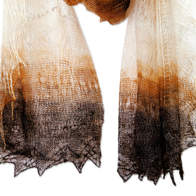 Bufanda de lana de cachemira - Bufanda de lana de cachemira a rayas tejida a mano en marrón y blanco