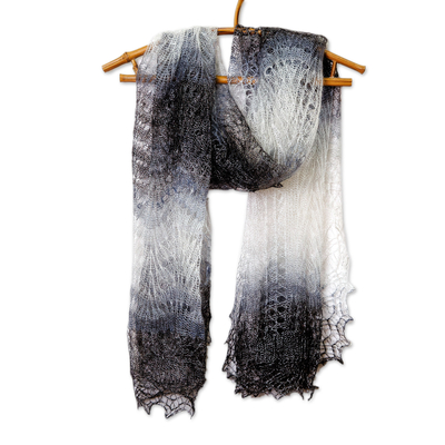 Cashmere wool scarf, 'Shadow's Act' - Handwoven Soft 100% Cashmere Wool Scarf in Black and White