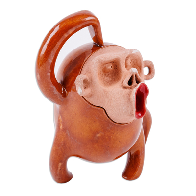 Ceramic figurine, 'Ecstatic Monkey' - Monkey Ceramic Figurine Hand-Crafted & Painted in Uzbekistan