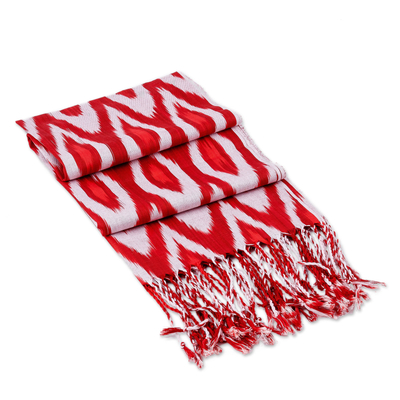 Bufanda ikat de algodón - Bufanda Ikat de algodón con flecos rojos y blancos con estampado de pavo real
