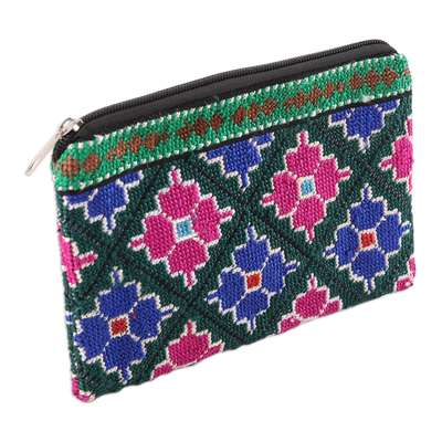 Cotton cosmetic bag, 'Uzbek Bouquet' - Cotton Cosmetic Bag with Uzbek Iroki Floral Hand Embroidery