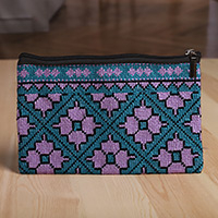 Bolsa cosmética de algodón, 'Uzbek Blooms' - Bolsa cosmética de algodón con temática floral y bordado a mano Iroki