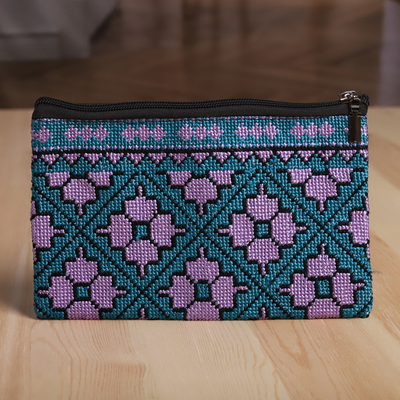 Cotton cosmetic bag, 'Uzbek Blooms' - Floral-Themed Cotton Cosmetic Bag with Iroki Hand Embroidery