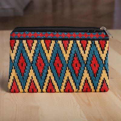 Cotton cosmetic bag, 'Ikat Zest' - Ikat-Themed Cotton Cosmetic Bag with Iroki Hand Embroidery