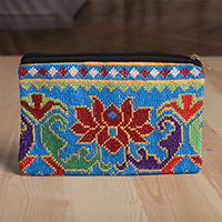 Cotton cosmetic bag, 'Uzbek Garden' - Cotton Cosmetic Bag with Iroki Style Floral Hand Embroidery