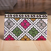 Bolsa cosmética de algodón, 'Florales uzbecas' - Bolsa cosmética de algodón floral bordada a mano estilo Iroki