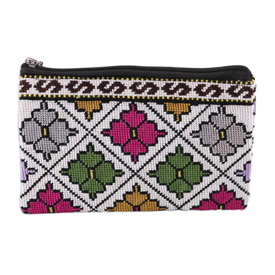 Cotton cosmetic bag, 'Uzbek Florals' - Iroki Style Hand-Embroidered Floral Cotton Cosmetic Bag