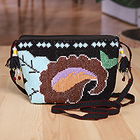 Bolsa de cabestrillo de algodón, 'Símbolo icónico' - Bolso de cabestrillo de algodón con bordado a mano estilo Iroki uzbeko