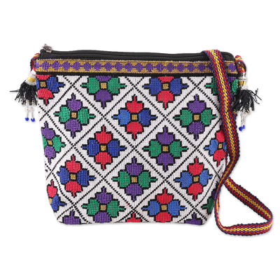 Cotton sling bag, 'Bewitching Flowers' - Iroki Style Hand-Embroidered Floral Cotton Sling Bag