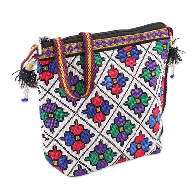 Cotton sling bag, 'Bewitching Flowers' - Iroki Style Hand-Embroidered Floral Cotton Sling Bag